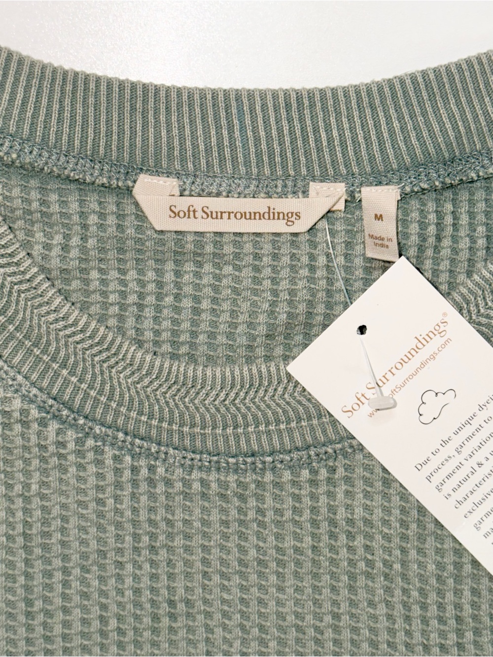 NWT Soft Surroundings Waffle Knit Top Faded Sage Green Pocket Cotton Tunic Sz M - Picture 7 of 13